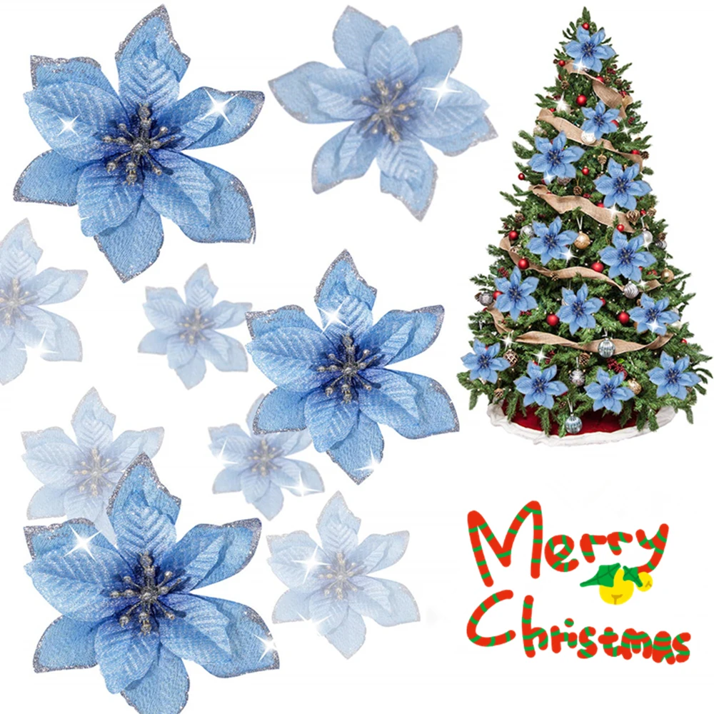 

5/10/20Pcs Christmas Flowers Glitter Artificial Christmas Tree Ornaments Xmas Wedding Party Decor for Home New Year 2023
