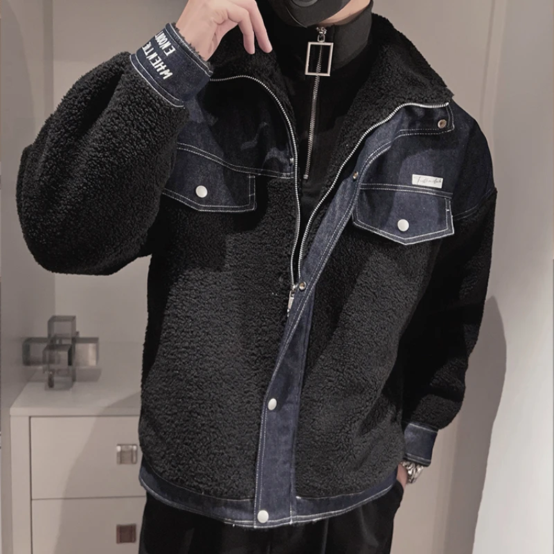 2022 Autumn Winter Thicken Warm Lambhair Jackets Men Jean Patchwork Casual Loose Coat Overcoat Social Streetwear Men Clothing