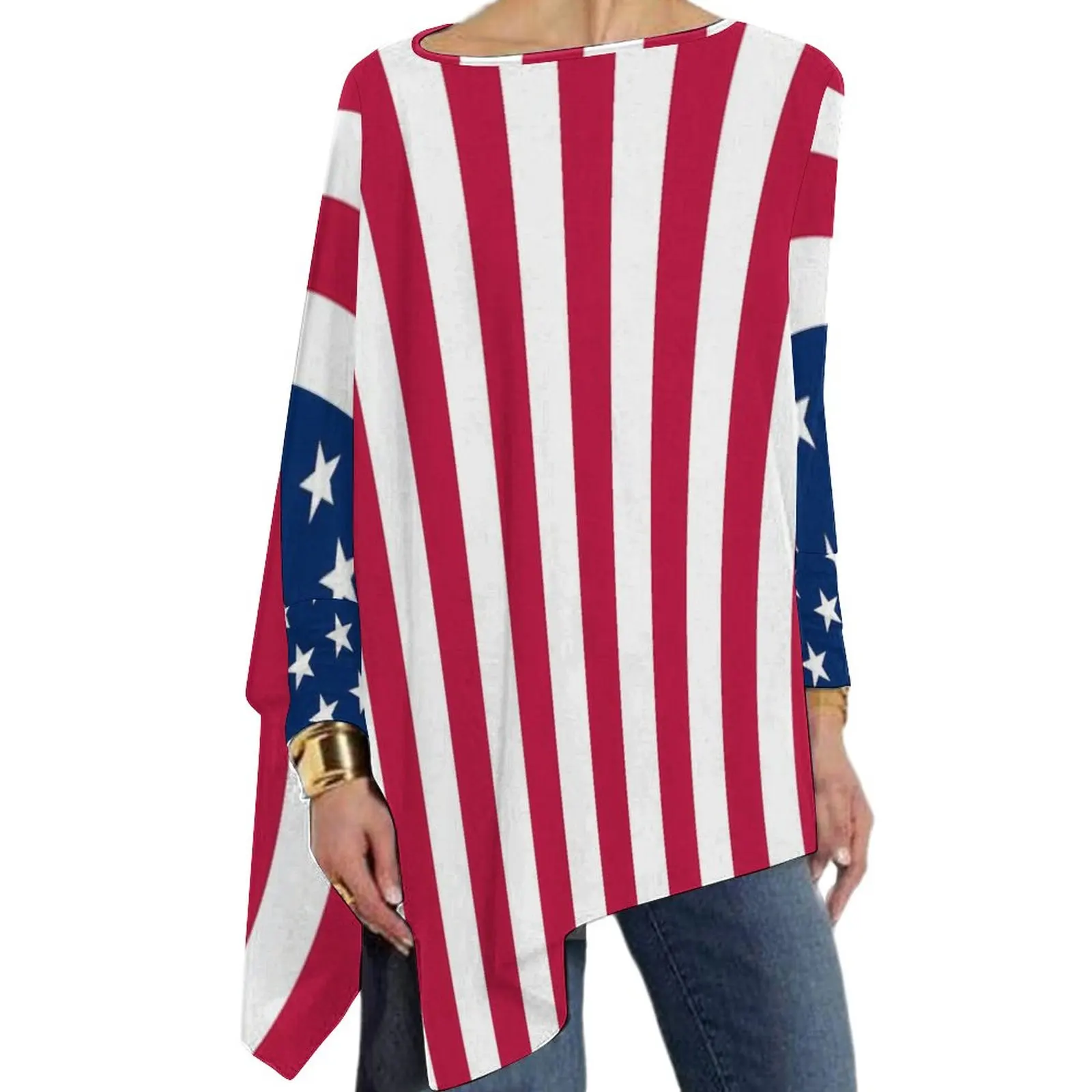 

American Flag Print T-Shirts Red Stripes Casual Loose Long Sleeve T-Shirt Retro Design Tees Womens Clothing 4XL 5XL 6XL