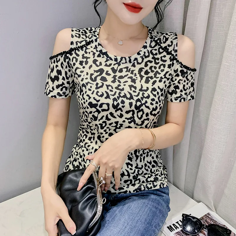 

Женская футболка с коротким рукавом, повседневная облегающая футболка из сетчатой ткани с леопардовым принтом, лето 2023
