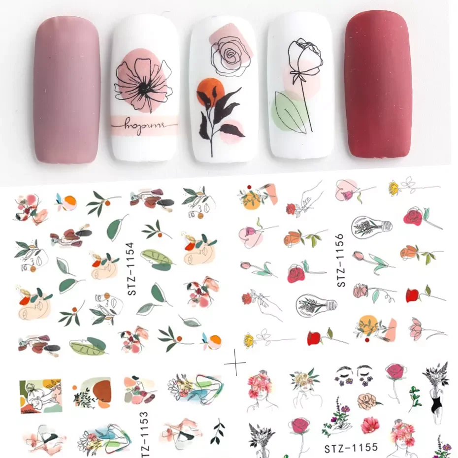 

4pcs Water Transfer Decals Nail Art Leaf Decoration Abstract Human Face Pattern Slider Stickers Set Manicure Tips LYSTZ1137-1180