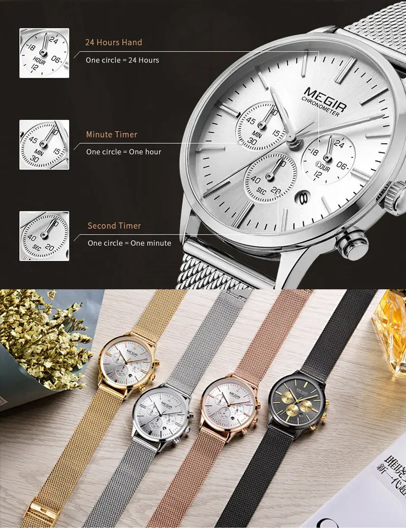 Женские часы MEGIR классические водонепроницаемые из нержавеющей стали с