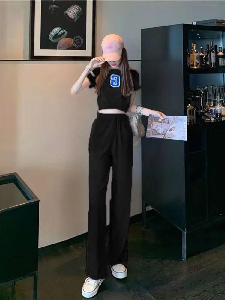 

Summer Leisure Sports Suit Women Summer New Sportswear Short Waist High Waist Wide-Leg Pants Two-Piece Fitness Exercise Set