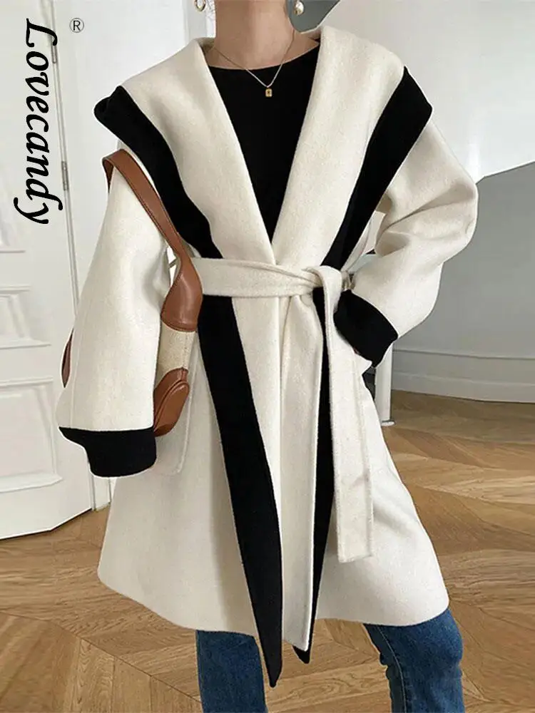 

Женское Полосатое пальто средней длины, белое шерстяное пальто с поясом и открытым стежком, модная уличная одежда, куртки с поясом, 2023