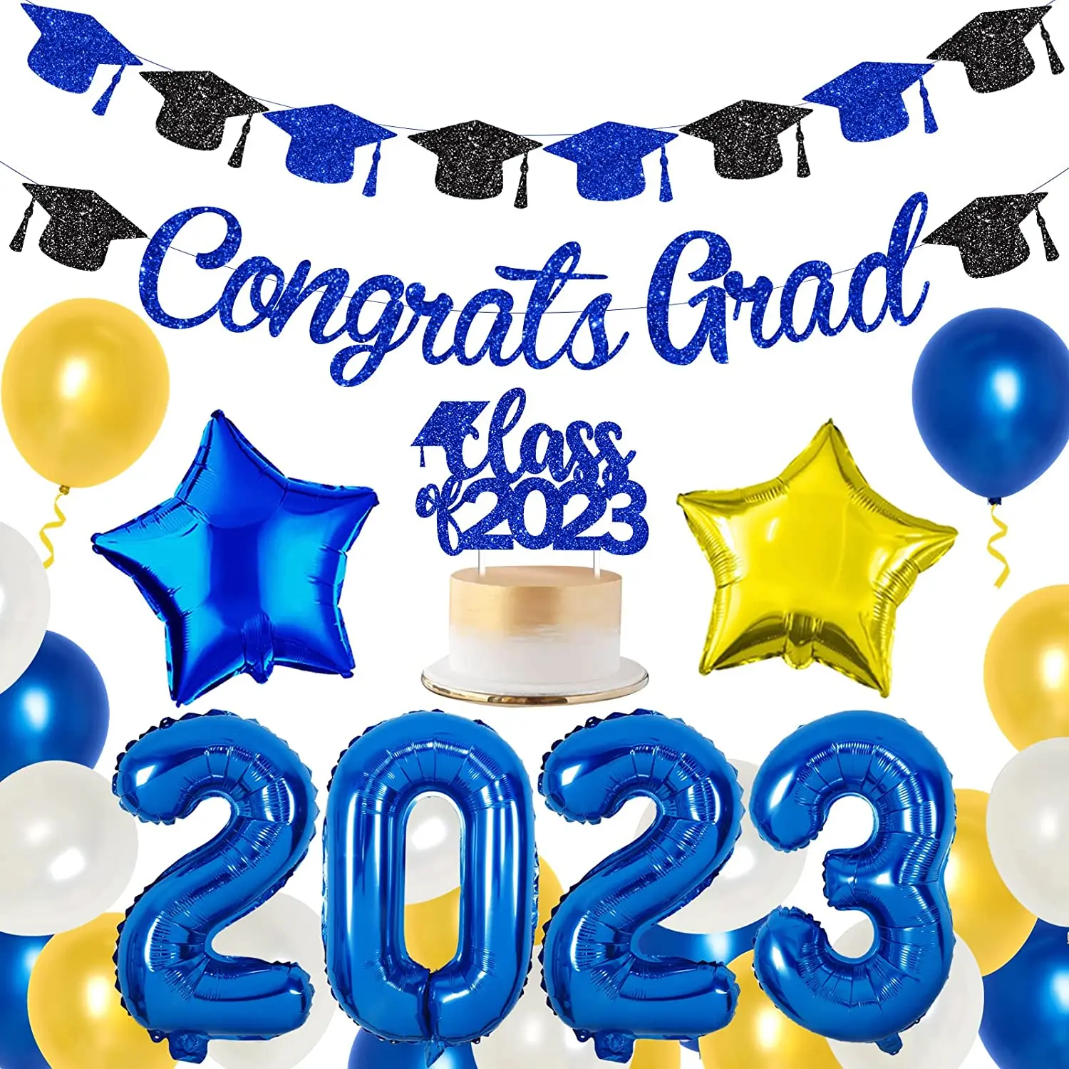 

Congrats Grad Banner Foil Balloons, Graduation Decorations, Class of 2023, Blue, Gold, Graduation Party Supplies