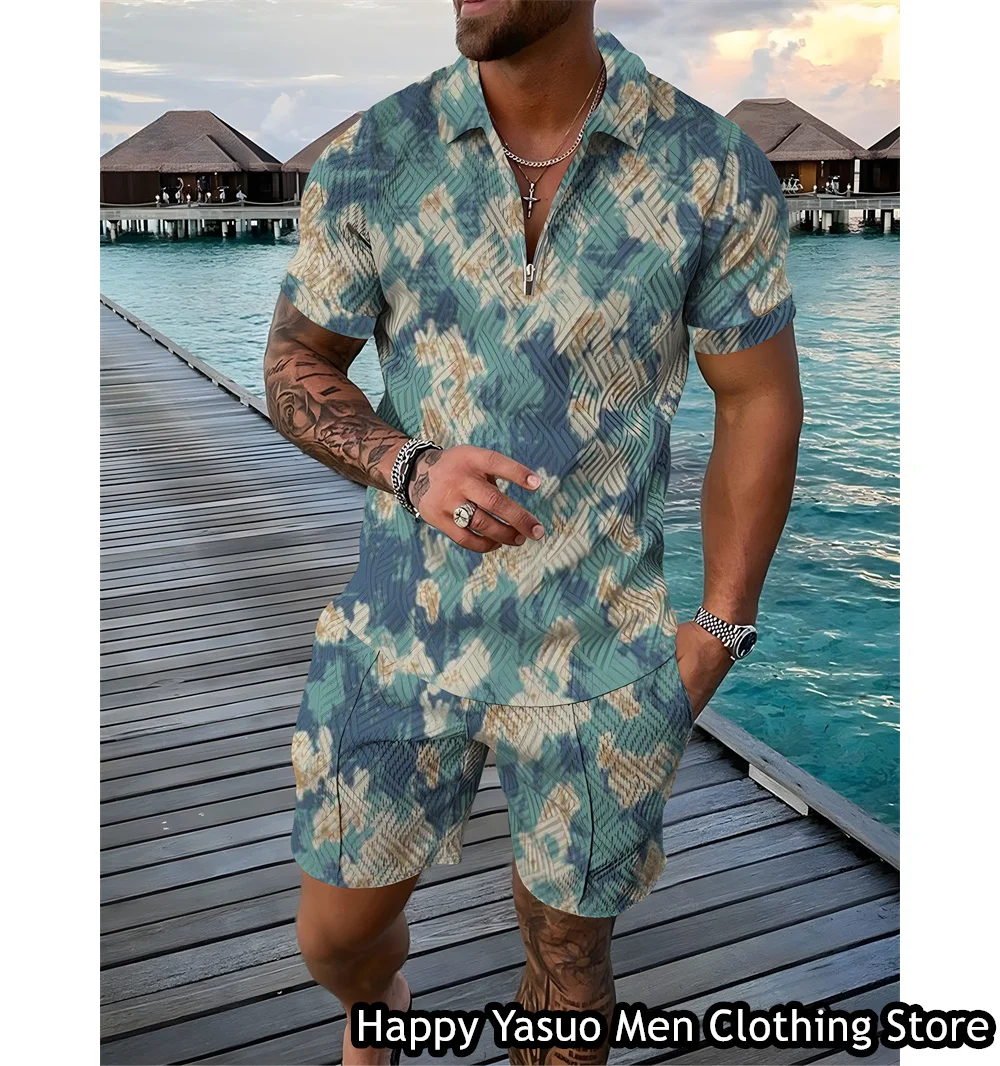 New Men Summer Vintage Polo Shirt Shorts Man Floral Printing Polo Set Hawaiian Vacation Style Outfit Male Casual Suit Clothing