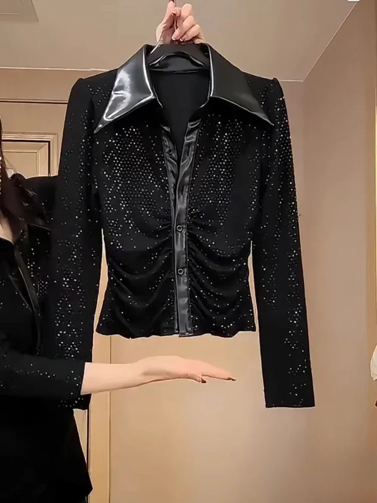 Элегантная черная рубашка офисная одежда новинка осенне-зимняя Облегающая из