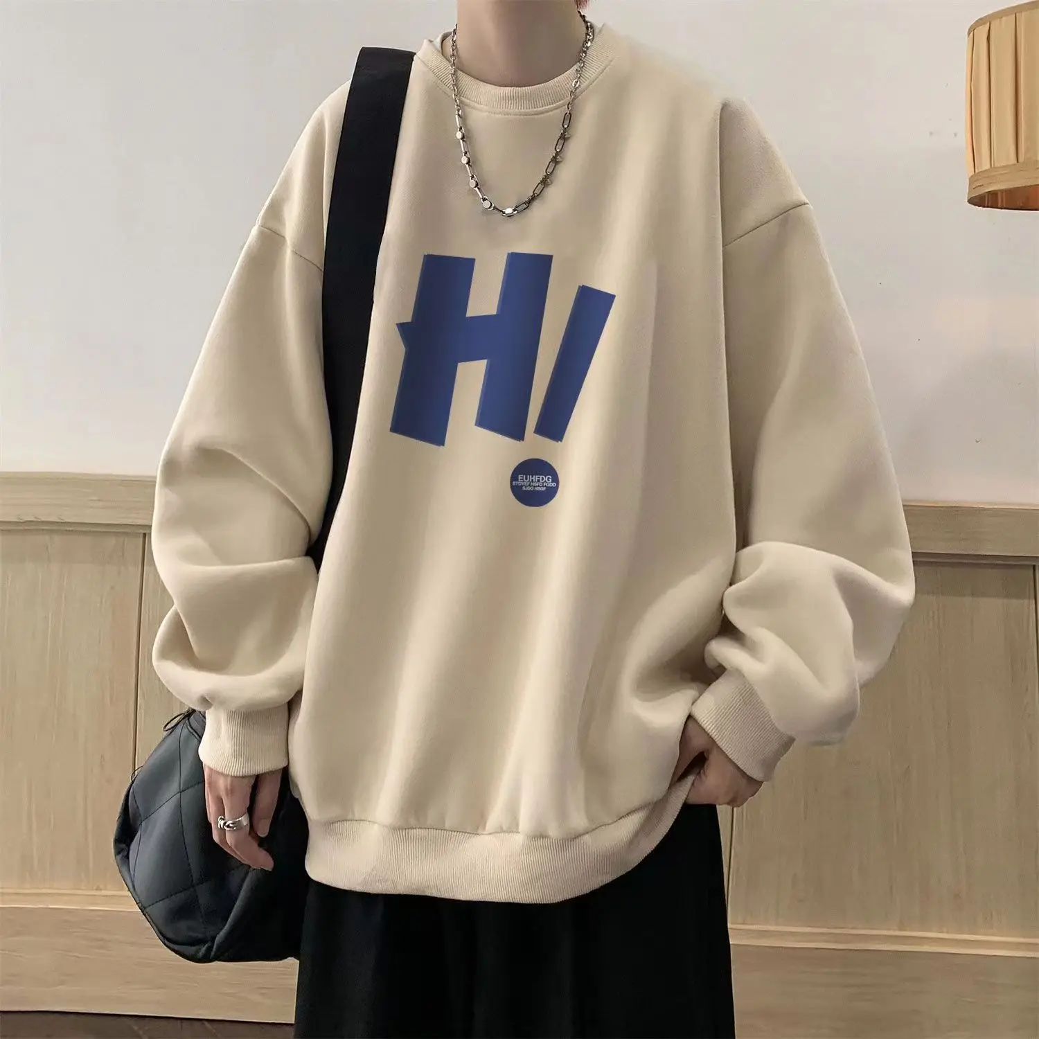 

High Quality Cotton Round Neck Hoodies Men's Autumn Hong Kong Style Solid Versatile Casual Loose Heavy Style Hoodies Coat