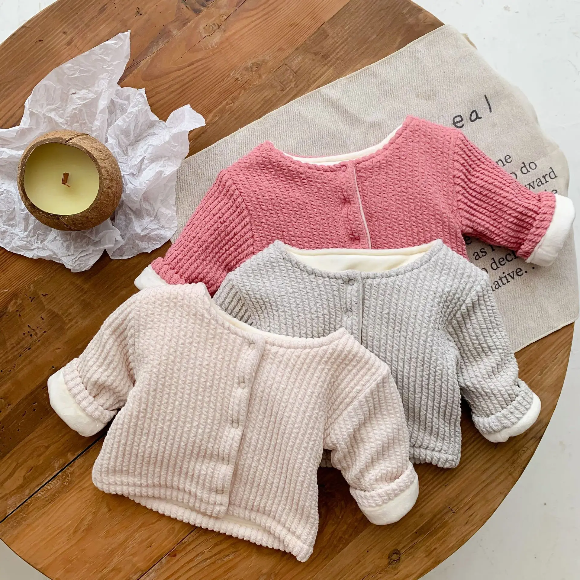 

VISgogo Baby Boy Girl Coat Korean Solid Color Strip Knitted Cardigan Plus Velvet Jacket Winter Round Neck Button Ribbed Top