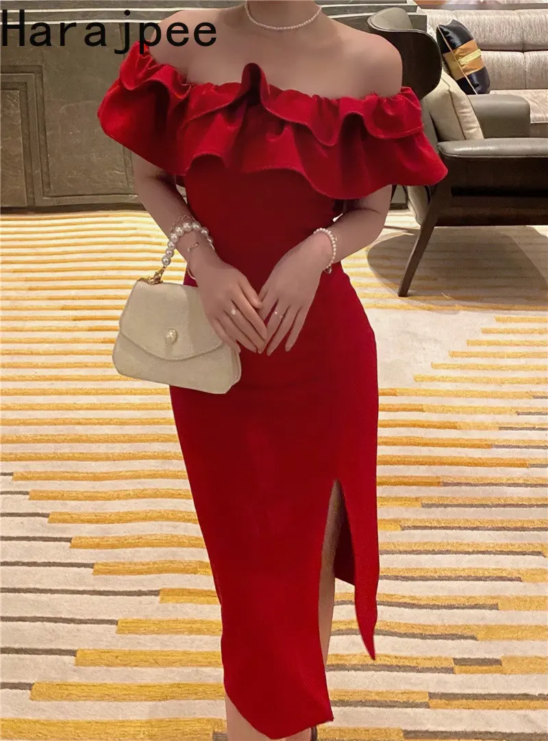 

Harajpee Women Dress 2023 Vintage Summer French Waist Red Long Ruffled Neckline Off Shoulder Commuter Long Lady Evening Dresses