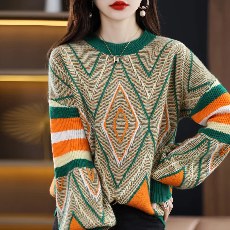 2022 Autumn Winter Cashmere Sweater Women's Extra Thick Round Neck Sweater Fashion Patchwork Color Loose Women's Wool Sweater