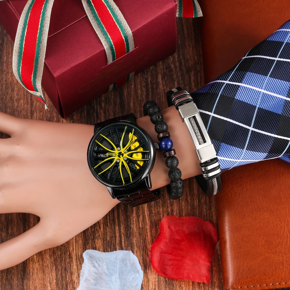 Sport Watches For Men Fashion Sport Rim Hub Wheel Wristwatch Alloy Watch Band Bracelet Bead Chain Present Set Montre Homme