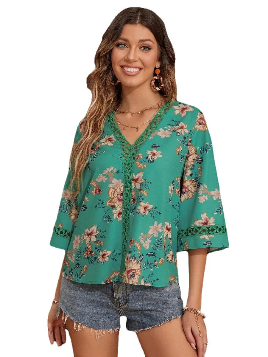 

Chiffon Shirt 2022 New Summer V-neck Print Lace Elegant Blouses Korean Fashion Flared Sleeve Top Blouse Tops Mujer Blusas 21910