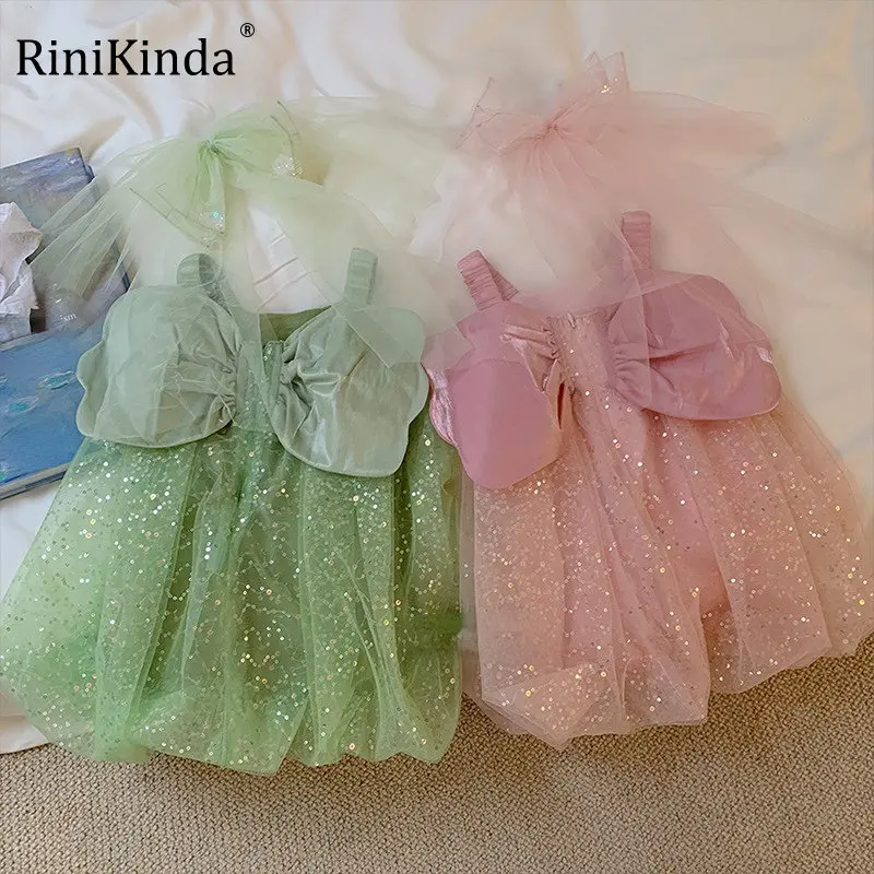 

Платье принцессы для девочек, весенне-летнее платье для маленьких детей с большим бантом и блестками, платья на бретелях, детские костюмы, о...