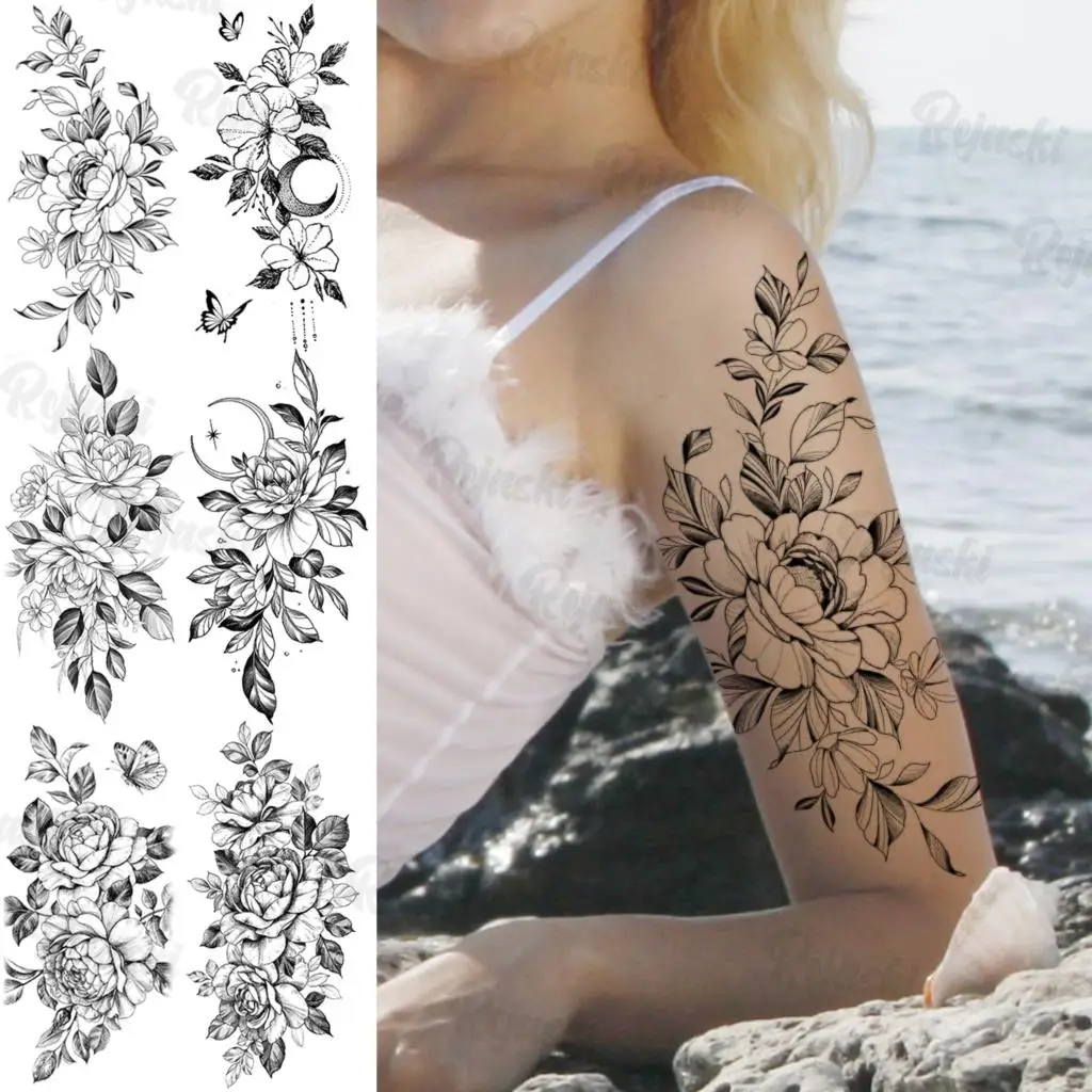 Drawing Flower Temporary Tattoos For Women Girls Realistic Butterfly Moon Flora Rose Fake Tattoo Sticker Arm Waist Tatoos