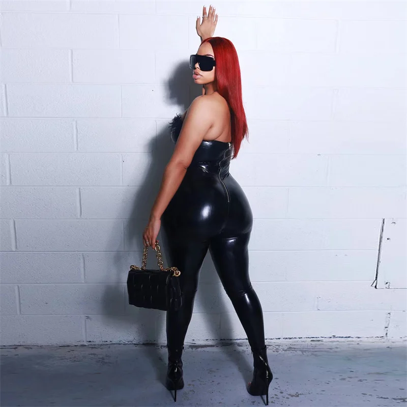 Znaiml Feathers Sleeveless Skinny One Piece Romper Overalls Women Sexy PU Faux Leather Backless Tube Strapless Bodycon Jumpsuit