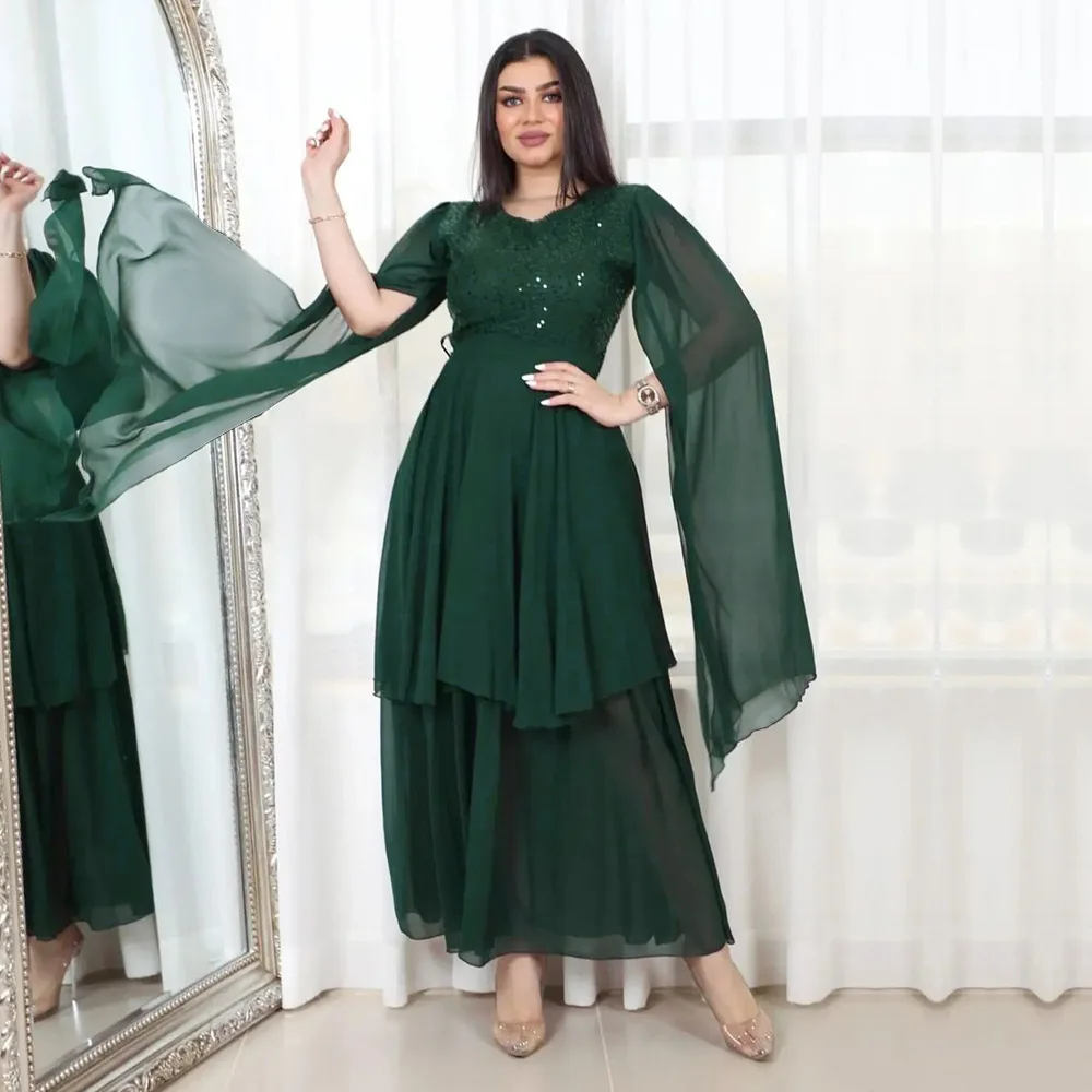 Arabic Evening Dress Muslim Robe with Sash Long Sleeves Round Neck Sequins Patchwork Elegant Middle East Dubai Abaya Party Dress