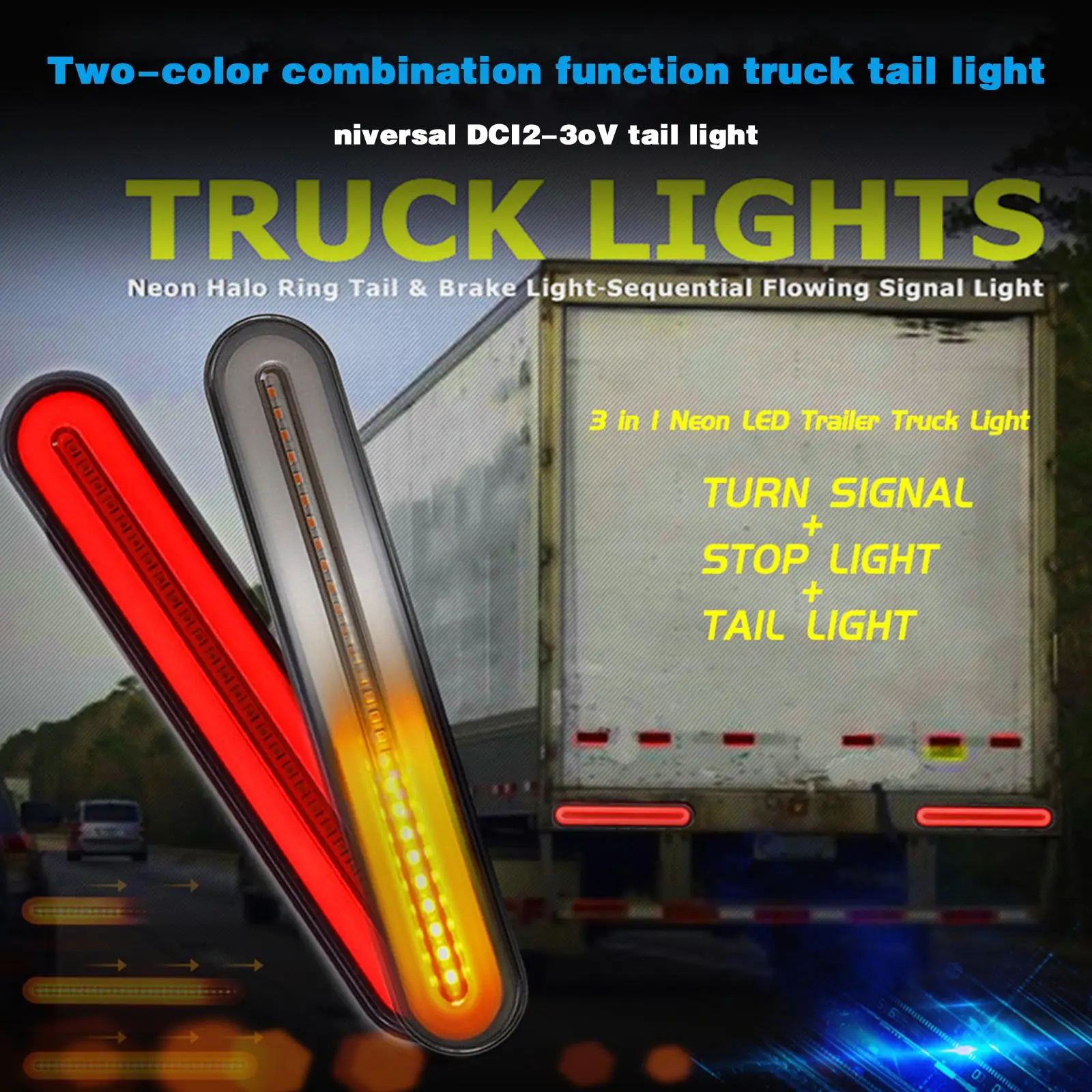 

Неоновый светодиодный тормозной фонарь 3 в 1 для прицепа грузовика, модификация проточной воды, стоп-сигнал для автомобиля, двухцветный пово...