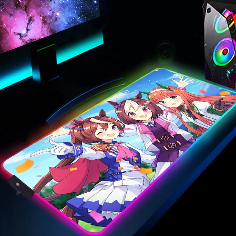 

LED Mousepad Uma Musume Mouse Pad Pretty Derby Anime Desk Mat Gamer Accessories RGB Computer Desks Keyboard Gaming Mats Mause Pc
