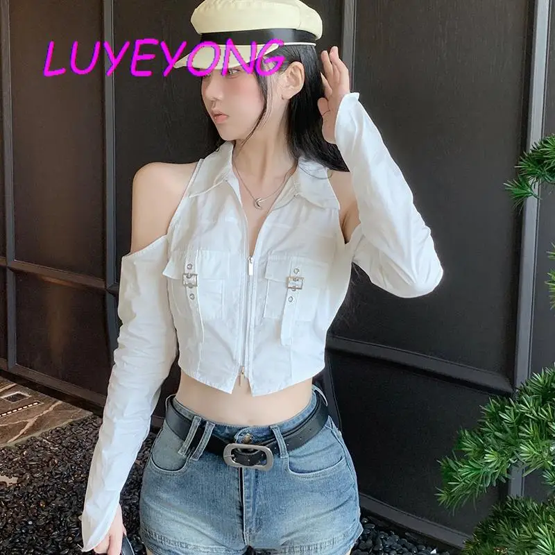 

Korean Fashion Clothes Lady Off Shoulder Pockets Long Sleeve Short Length Shirts Women Solid White Zipper Slim Shirt 2023 Autumn