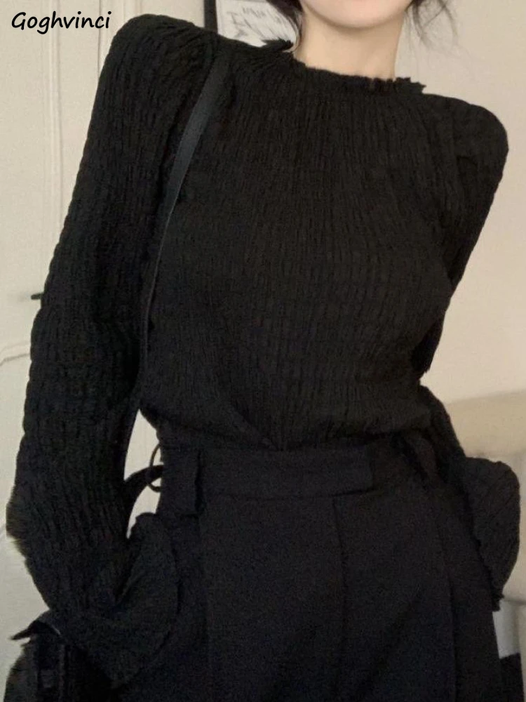 

T-shirts Women Elegant Folds Streetwear Attractive O-neck Leisure Simple Classic Popular European Style Loose Design Solid Daily