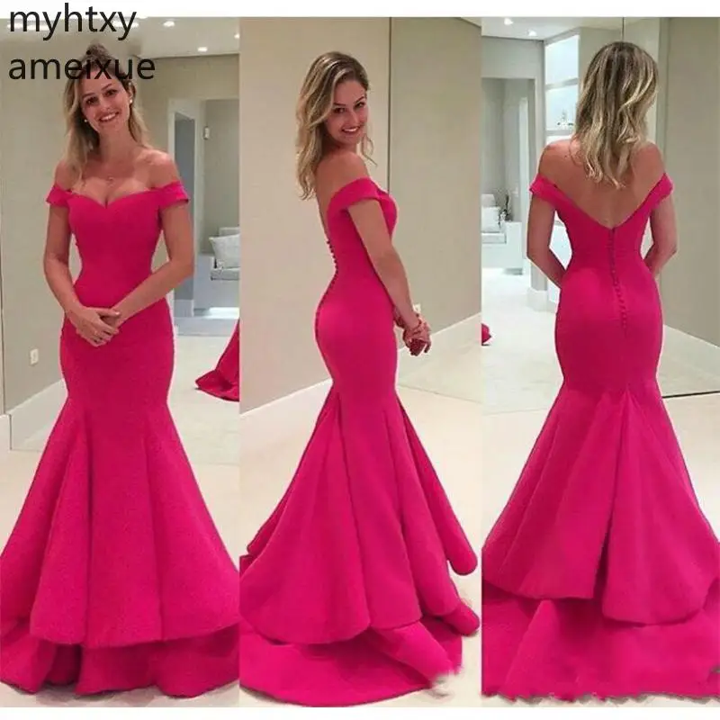 

Simple Sexy 2022 Off the Shoulder Evening Dresses Pink Gown Sleeveless Mermiad Tiered Skirt Court Train Ruched Robe De Soiree