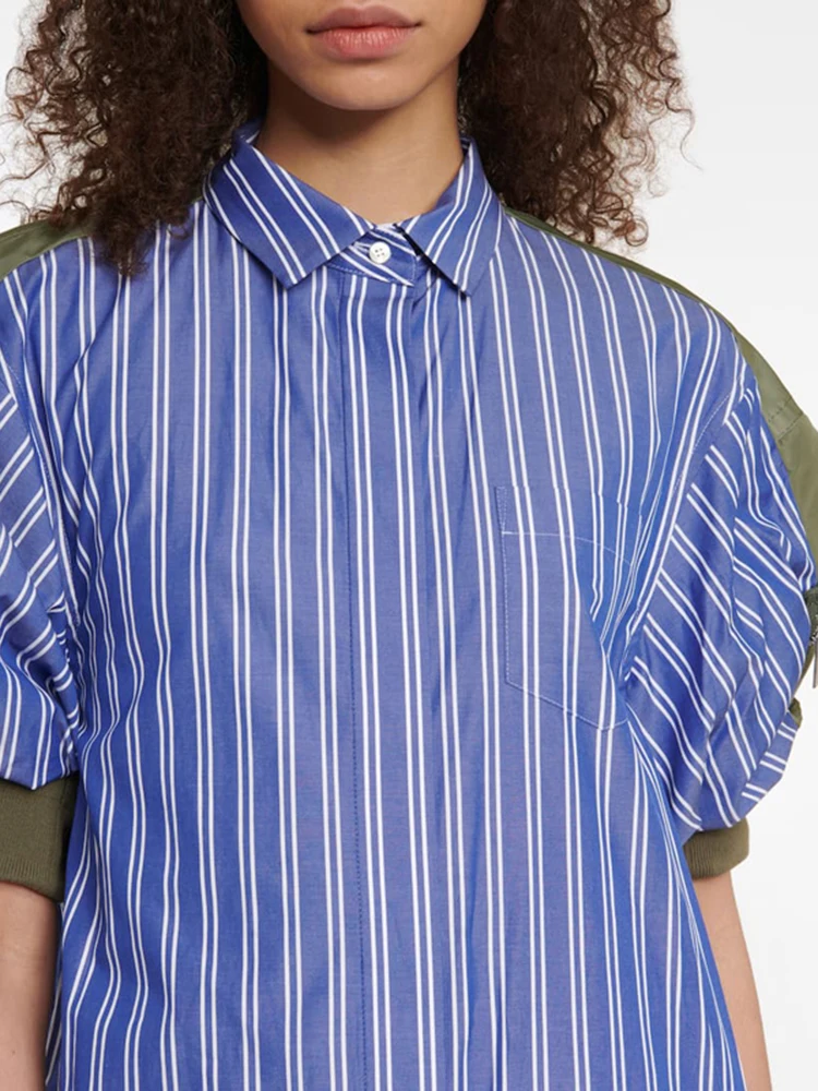 Женское платье-рубашка с отложным воротником коротким рукавом-фонариком и