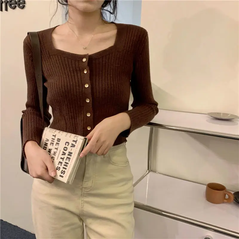 

Women Casual Vintage Ropa Mujer Button Up Fashion All Match Cardigan Solid Single Breasted Khaki Cropped Long Sleeve Korean Top