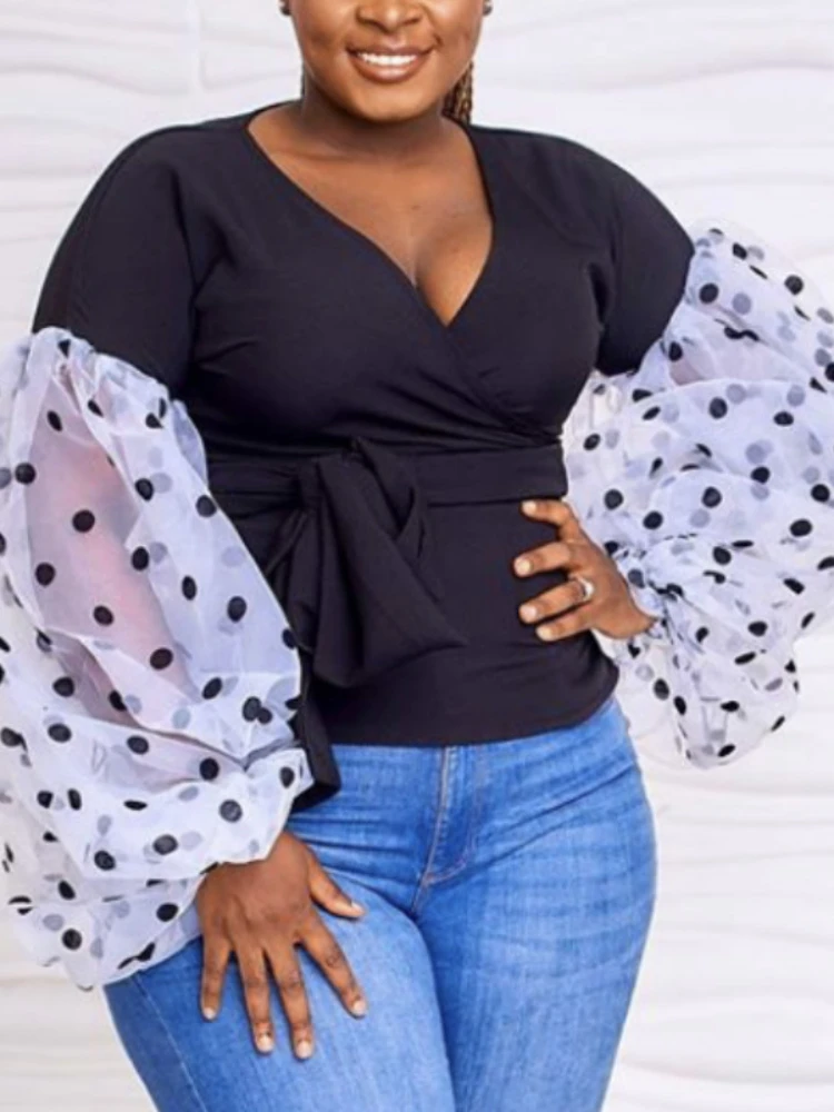 

Женская блузка в горошек, с длинным рукавом-фонариком и V-образным вырезом