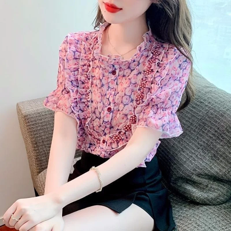 

Purple Floral Nail Pearl Blouse Lotus Leaf Lace O Neck Shirt Female 2023 New Korean Sweet Age Reduction Short Sleeve Blouse
