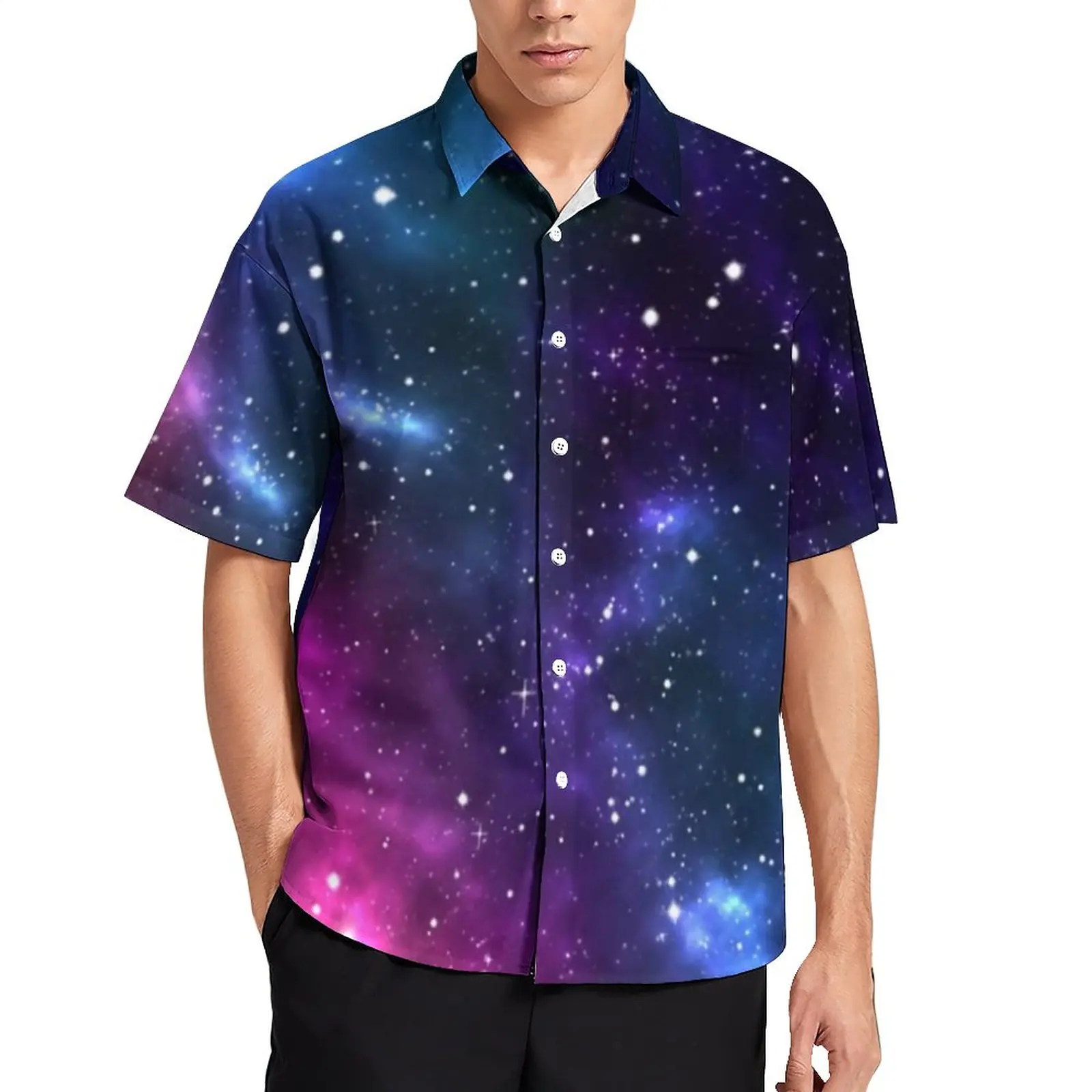 

Purple Blue Galaxy Nebula Loose Shirt Men Vacation Stardust Casual Shirts Hawaii Graphic Short Sleeve Fashion Oversized Blouses