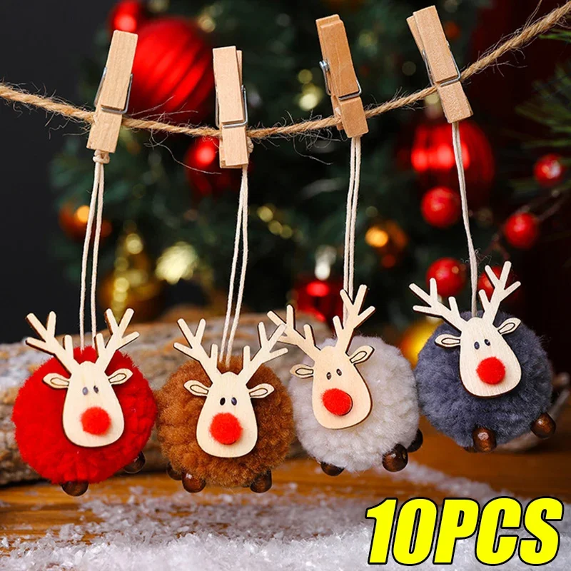 

1-10pcs Christmas Felt Elk Hanging Ornaments Cute Reindeer Craft Decorations Xmas Tree Wooden Pendants New Year Party Kids Gifts