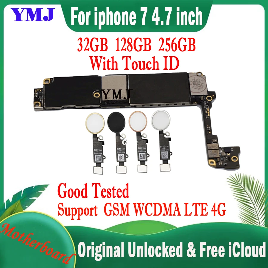 Free iCloud For iPhone 7 7G Motherboard With /NO Touch ID Gold Silver Black White Mainboard 32GB 128GB 256GB Support IOS Update