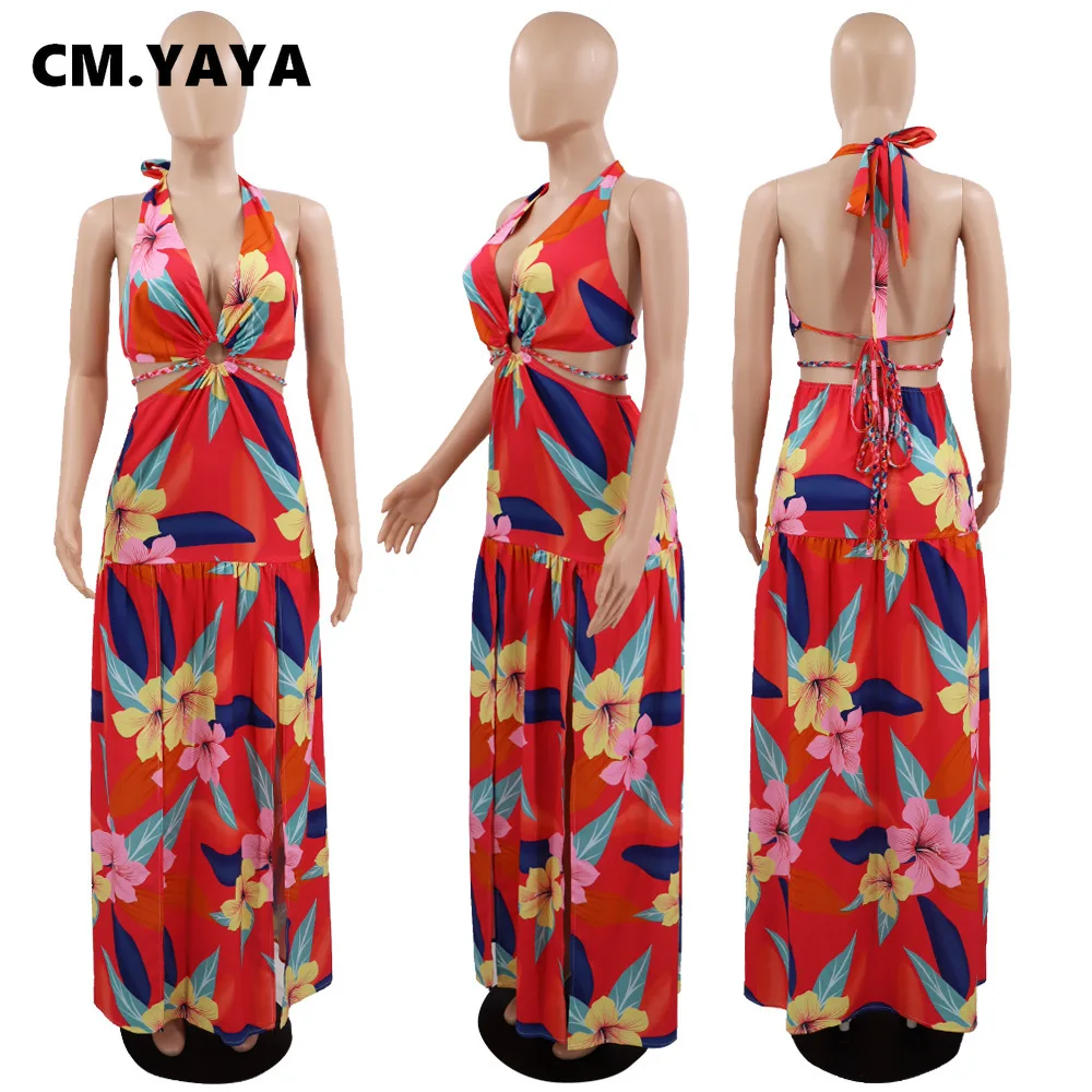 Женское длинное платье макси CM.YAYA элегантное Цветочное с воротником-халтером