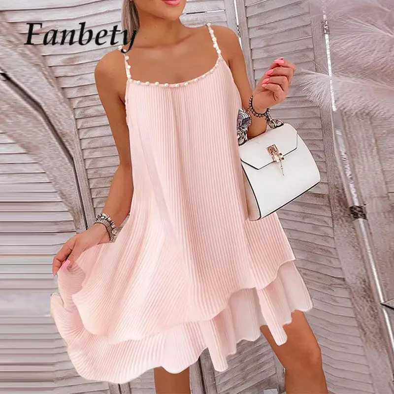 

Женское свободное короткое платье с рюшами, повседневное однотонное пляжное платье на бретельках, плиссированное платье без рукавов, лето 2023