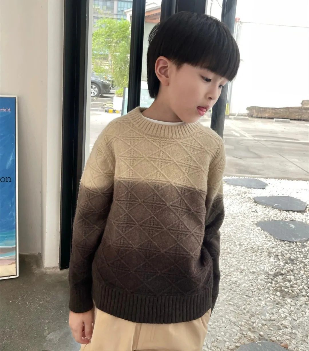 

Boys autumn winter knitted sweater Taupe Gradient lozenge Check Pullover Sweater fashionable pullover top