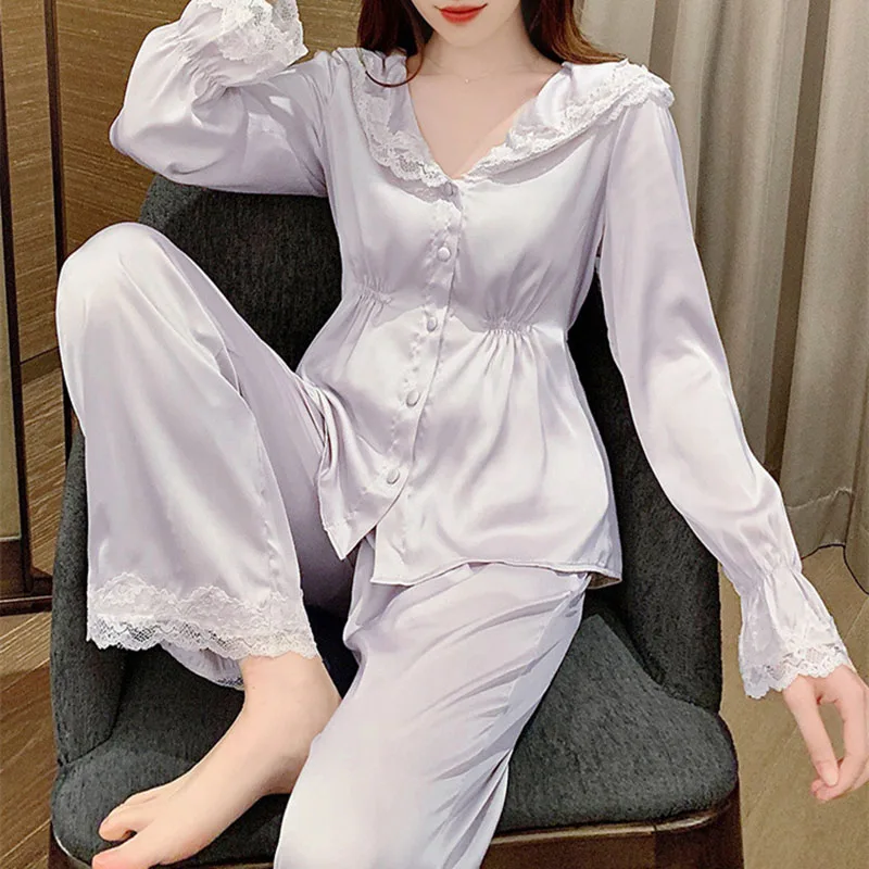 2023 New Palace Style Pajamas Women's Spring/Summer Ice Silk French Long Sleeve Ice Silk Can Be Outworn
