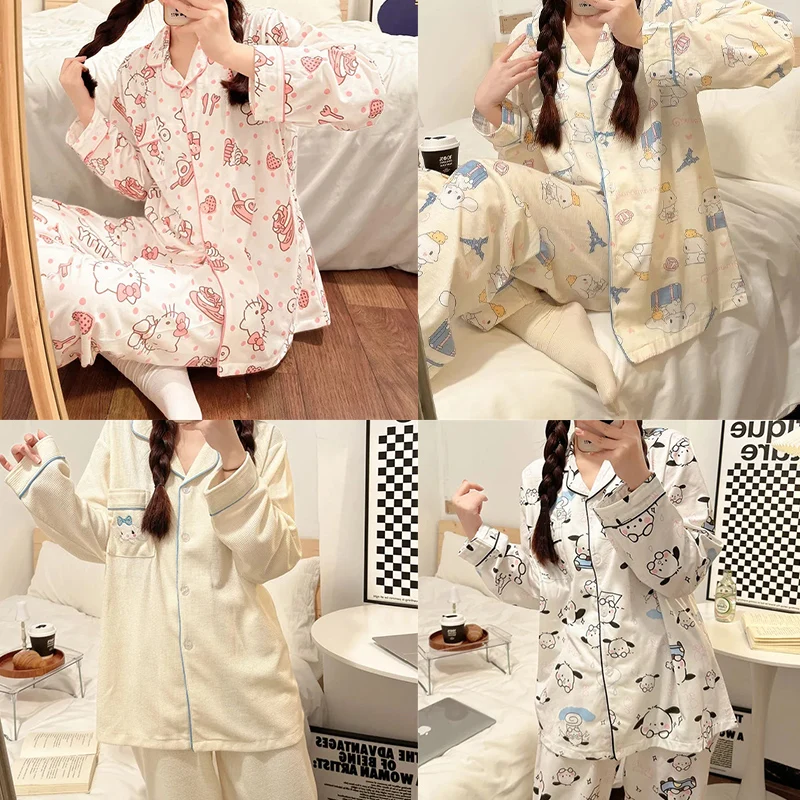 

Sanrio Hello Kitty Pajamas Long Sleeve Pants Kawaii Kuromi Cinnamoroll Spring Autumn Y2K Soft Homewear Nightwear 2Pcs Set Women