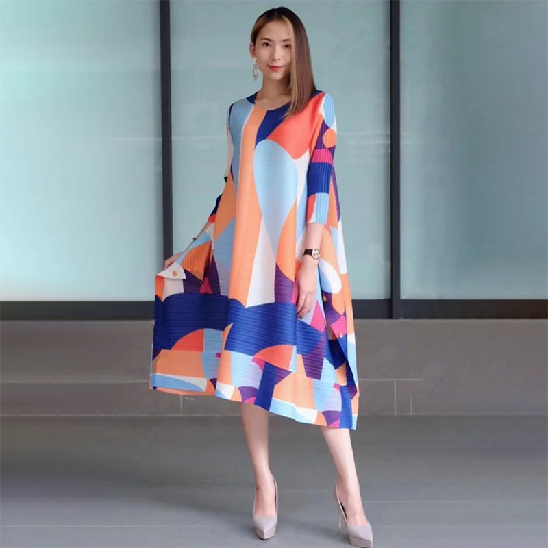 

YUDX 2023 Miyake Fold Pleated Foreign Gas Printing Loose Slimming New Long Party One Size Casual Dress Spring and Autumn