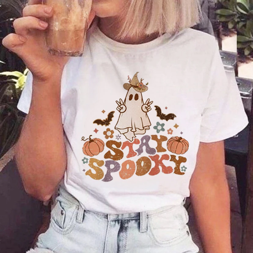 

Простая женская футболка в стиле Харадзюку, осенняя Новая повседневная футболка с коротким рукавом для Хэллоуина, стандартная одежда, модн...