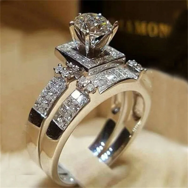 

Delicate Luxury Silver Gold Colors Rings for Women Set Trendy Metal Inlaid White Stone Wedding Ring Engagement Jewelry