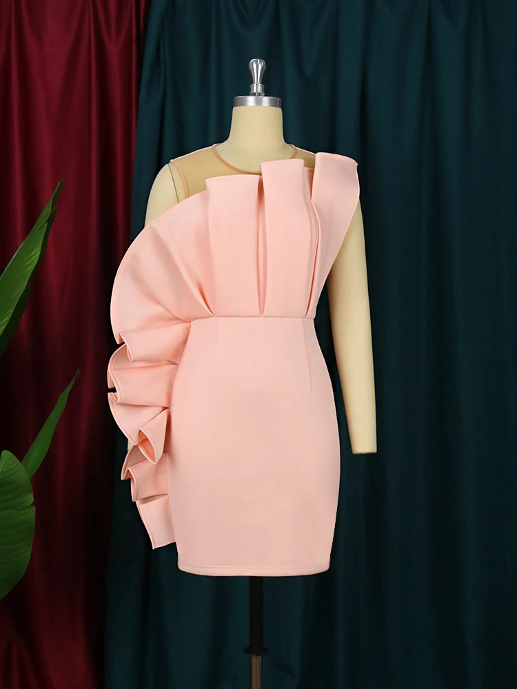 Plus Size Women Pink Dress Birthday Party Ruffle Stylish Sleveless robes femmes Mesh Patchwork Elegant Summer Homecoming 2023