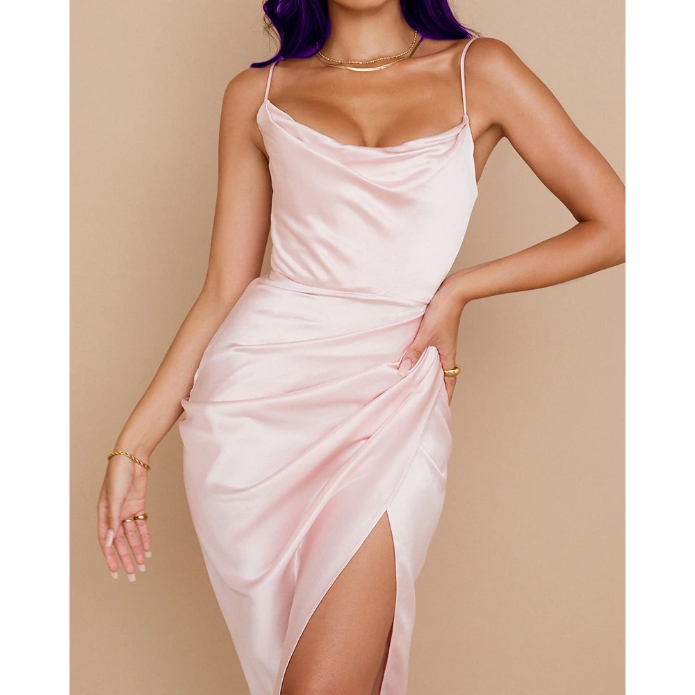 

Летнее модное женское сексуальное атласное плиссированное платье-комбинация с открытой спиной, женское асимметричное платье с высоким разрезом, на бретелях-спагетти, женское платье для выпускного вечера