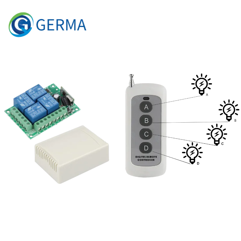 

GERMA Universal Wireless Remote Control Switch DC 12V 4CH relay Receiver Module With 4 channel RF Remote 433 Mhz Transmitter
