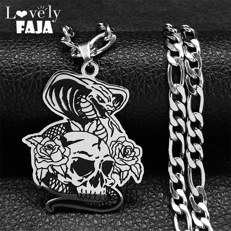 

Goth Rose Cobra Skull Snake Skeleton Necklace Men Stainless Steel Silver Color Hip Hop Necklaces Jewelry colgante hombre N3436