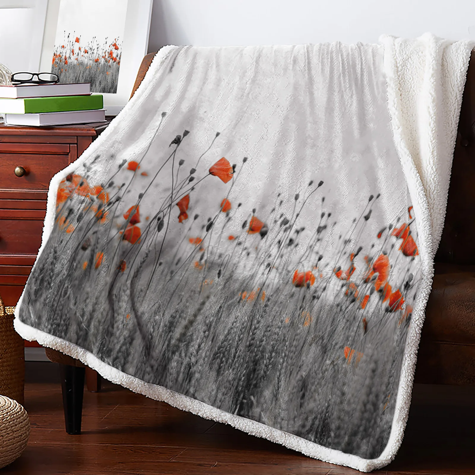 

Poppy Flower Grey Sherpa Blanket Double Thick Velvet Flannel Bedspreads Office Nap Throw Blanket Sofa Cover Bedding