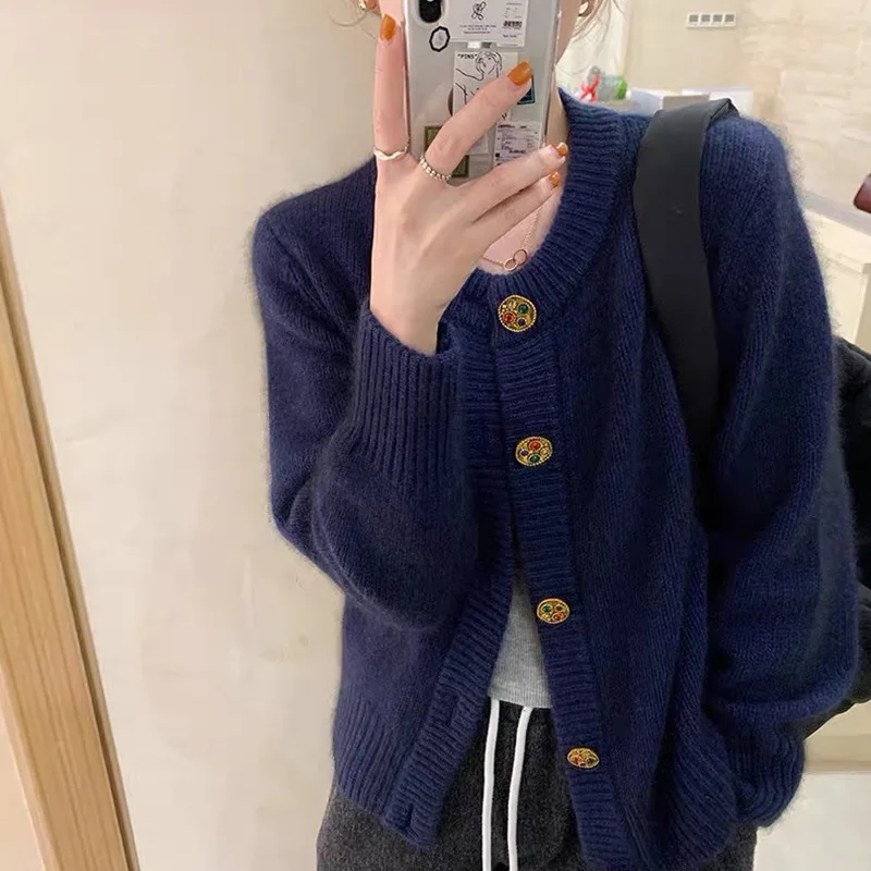 

Women's Retro Knitted Cardigan Sweater Colored Diamond Buckle Early Spring Loose Coat Warm and Fashionable Elegant Top Outfit