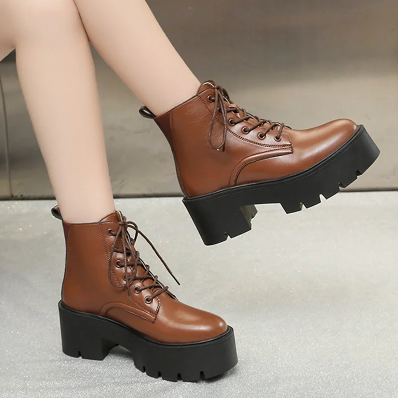 Chunky Platform Ankle Boots for Women Winter/ Autumn Thick Bottom Lace Up Shoes Woman Retro Black Leather Short Boots HighHeels