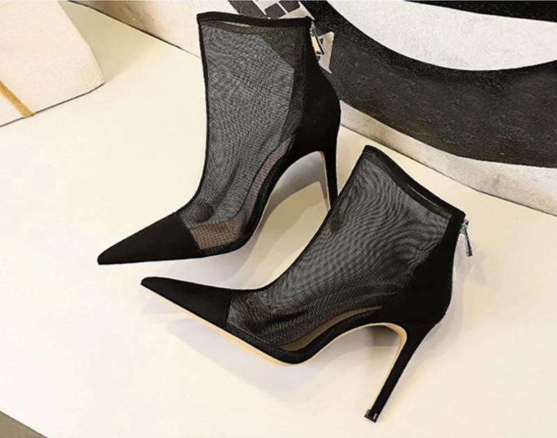 

Sexy Mesh high heels Boots for women Pointed toe shoes Ladies high heel Boots Runway 2022 Ladies Party shoes Wedding