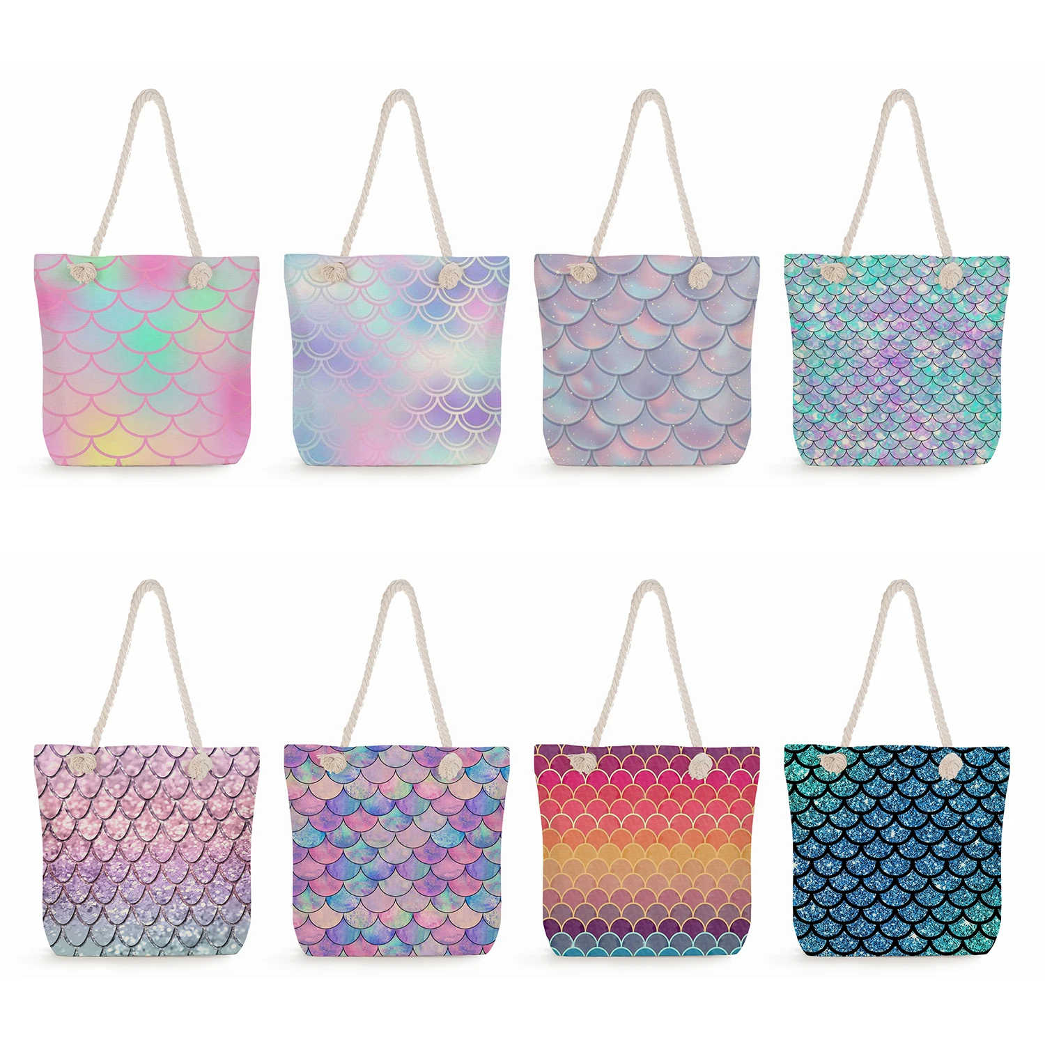 

Shopping Bags Thick Rope Travel Beach Bags Fantastic Fish Scale Print Handbags High Capacity Beautiful Women Tote Bags Casual